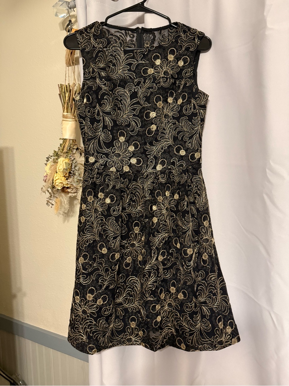 Garnet Hill Black Dress with Gold Floral Embroidery